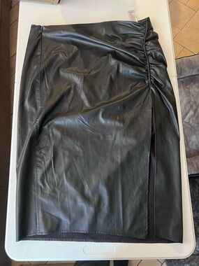 Zara Black Faux Leather Ruched Side Midi Skirt